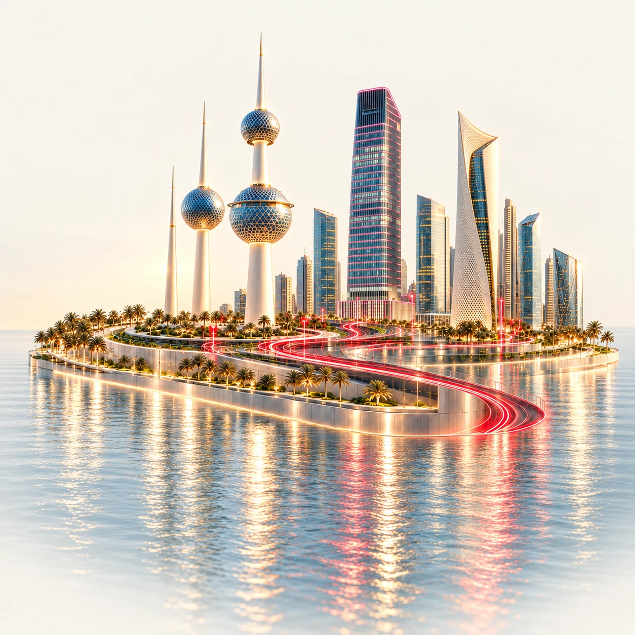 Kuwait skyline in daylight with the Kuwait Towers and light trails over the water