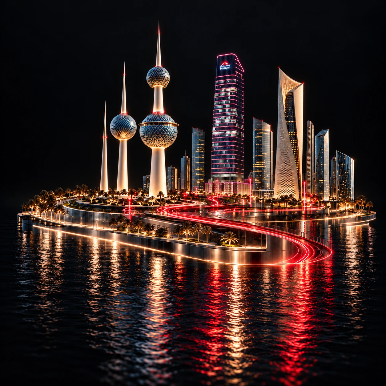 Kuwait skyline at night with the Kuwait Towers and light trails over the water